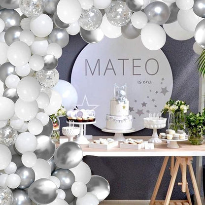 White and Silver Balloons Garland Arch Kit 5"10 Inch 12" White Silver Metallic - Image 2