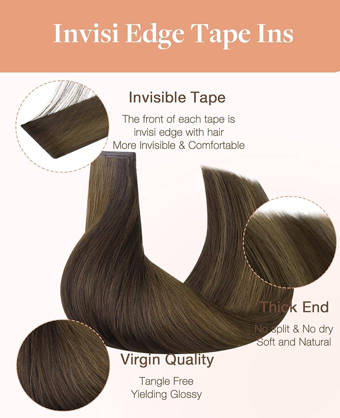 GOO GOO Invisi Edge Tape in Hair Extensions Human Hair, 2C/4E/6C Brown Sugar Swirl Highlights 10pcs injected with 10pcs classical tape ins, 14inch 50g, Virgin Remy Hair, Natural Look