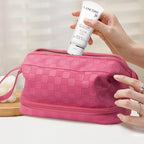 Abiudeng Large Capacity Makeup Bag Ladies Cosmetic Bag Travel Bag with Compartments Portable PU Leather Travel Makeup Bag with Handle