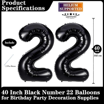 Black 22 Number Balloons, 40 Inch Giant Number 22 Balloons Foil Mylar Helium - Image 2