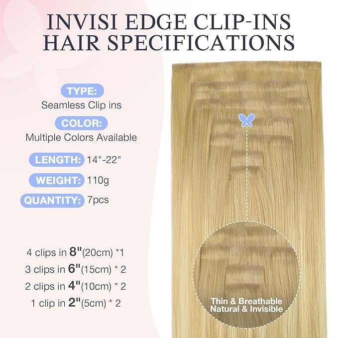 DOORES Clip in Hair Extensions Real Human Hair 22 inch 110g 7pcs Invisible Human Hair Extensions Clip ins, Injected Seamless PU Clipins Invisi Edge, 18A/60 Drity Blonde Mixed Platinum Blonde