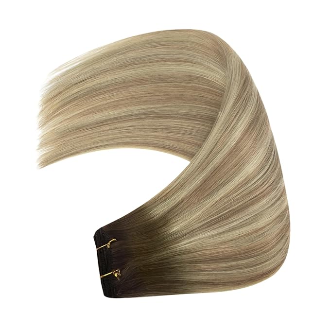 YoungSee Weft Hair Extensions Human Hair Brown Ombre Human Hair Sew in Extensions Walnut Roots to Light Brown with Blonde Balayage Weft Hair Extensions for Full Head 16Inch 100G