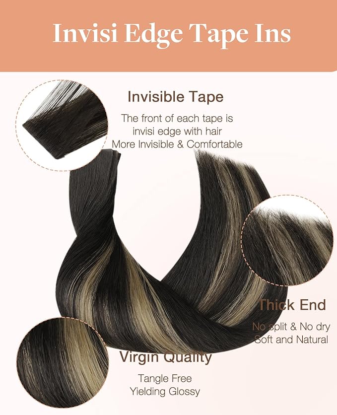 GOO GOO Invisi Edge Tape in Hair Extensions Human Hair, 1B/19/1B Natural Black to Light Blonde, 20pcs 20inch 50g, Virgin Remy Hair, Seamless Injected Tape, Natural Look