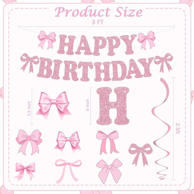 Glitter Pink Bow Happy Birthday Banner - Image 3