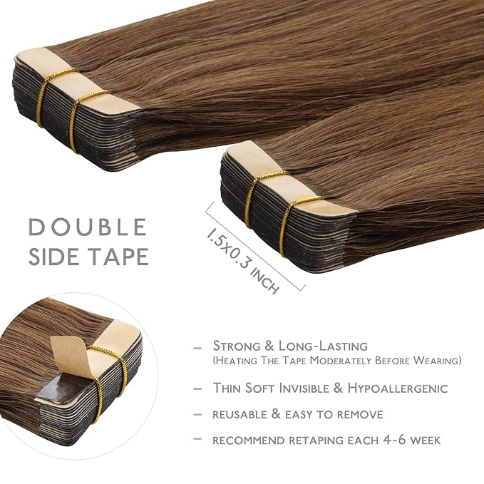 WENNALIFE Tape in Hair Extensions Human Hair, 20pcs 50g 20 inch Light Auburn Brown Remy Hair Extensions Straight Human Hair Tape in Extensions Skin Weft Tape Extensions Human Hair