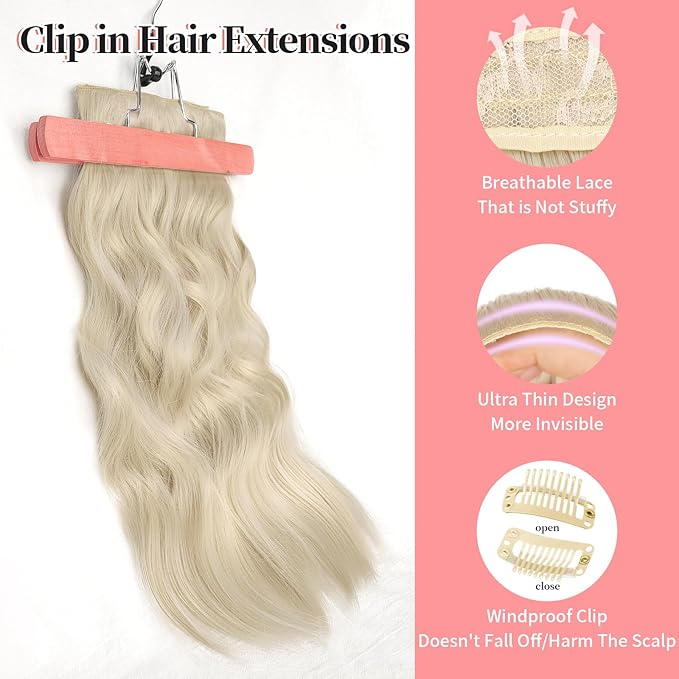 KooKaStyle Clip in Synthetic Hair Extensions Long Wavy 4PCS Thick Hairpieces Platinum Blonde Fiber Double Weft Natural Hair Extensions 20 Inch for Women