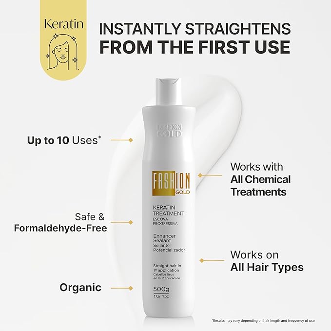 FASHION GOLD Keratin Hair Treatment (10 USES per Bottle), Keratina para Alisar el Pelo, Hair Botox Treatment, At Home Keratin Treatment, Alisados Organicos SIN FORMOL, Verdadera Keratina Brasileña