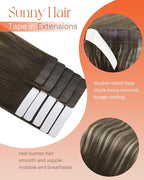 Sunny Hair Tape in Hair Extensions Real Human Hair Invisible Remy Hair Extensions Tape ins for Women Cool Brown Ombre Light Brown Balayage Medium Blonde 20 inch 25G