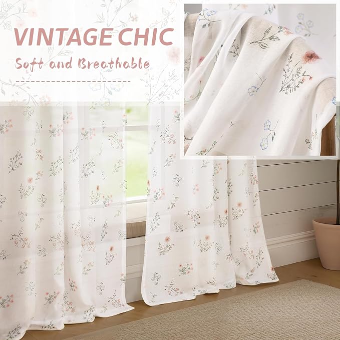 Sheer Floral Curtains for Living Room Bedroom, Vintage Farmhouse Rustic - Image 3