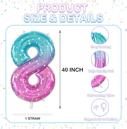 Number 8 Foil Balloon with Crown, 40-Inch Gradient | Gradient star print number - Image 2