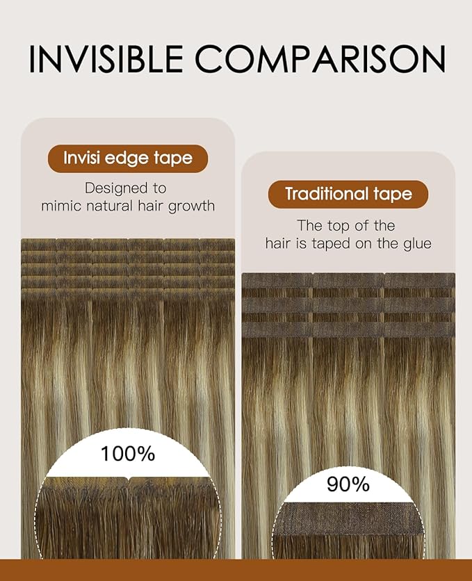 VINBAO Invisi Edge Tape in Hair Extensions Human Hair Balayage Ombre Darker Brown to Ash Brown with Blonde 50g 20pcs Injection Tape in Extensions 18inch #3/8/22