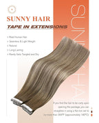 Sunny Hair Tape in Hair Extensions Human Hair 16 Inch Hair Extensions Real Human Hair Tape in Extensions for Women Cool Brown to Light Brown Balayage Blonde Invisible Remy Hair Skin Weft 20Pcs 50g