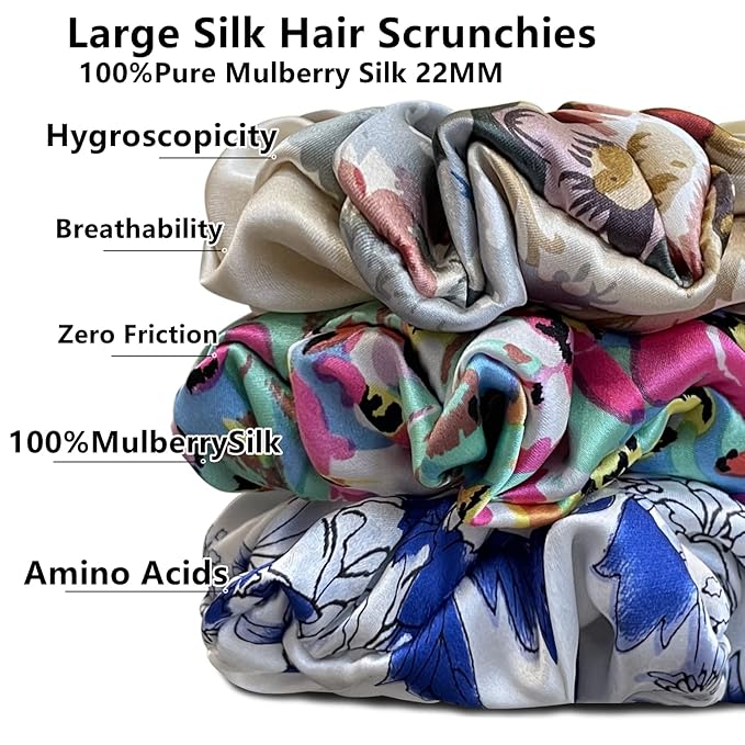 Suncdelv Silk,100% Silk Scrunchies for Hair,22 Momme Hair Ties for Anti-Crease & Breakage,Natural Women Hair Accessories，Fashion Hairbands 3PCS （watercolour）