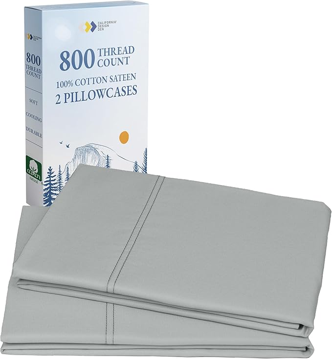 California Design Den Heirloom Soft, Smooth & Thick Certified 800 Thread Count 100% Cotton Sateen, 2 Pillow Cases King Size, Fits King Pillows (Light Grey)