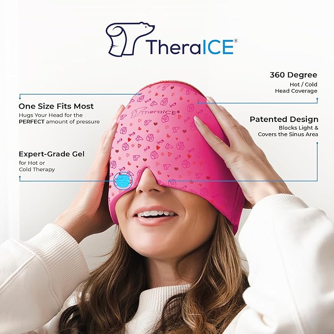 TheraICE Migraine Relief Cap, Migraine Ice Pack Mask, Women Cooling Gel Hat, Face Cold Compress Head Wrap for Her Stress. Great Gift for Mom, Sister, Girlfriend, Grandma & Teacher