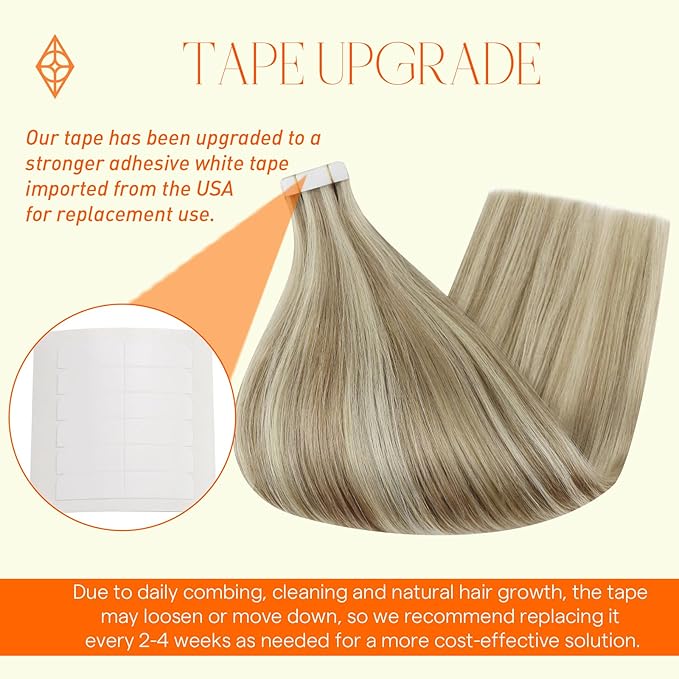Full Shine Tape in Hair Extensions Golden Blonde Highlighted Medium Blonde 14 Inch Tape in Human Hair Extensions 50 Gram 20pcs Seamless Remy Straight Hair Real Natural Add Volume Double Sided Tape