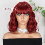 MISSQUEEN Short Red Wigs for Women with Bangs Wine Red Wavy Curly Bob Wig