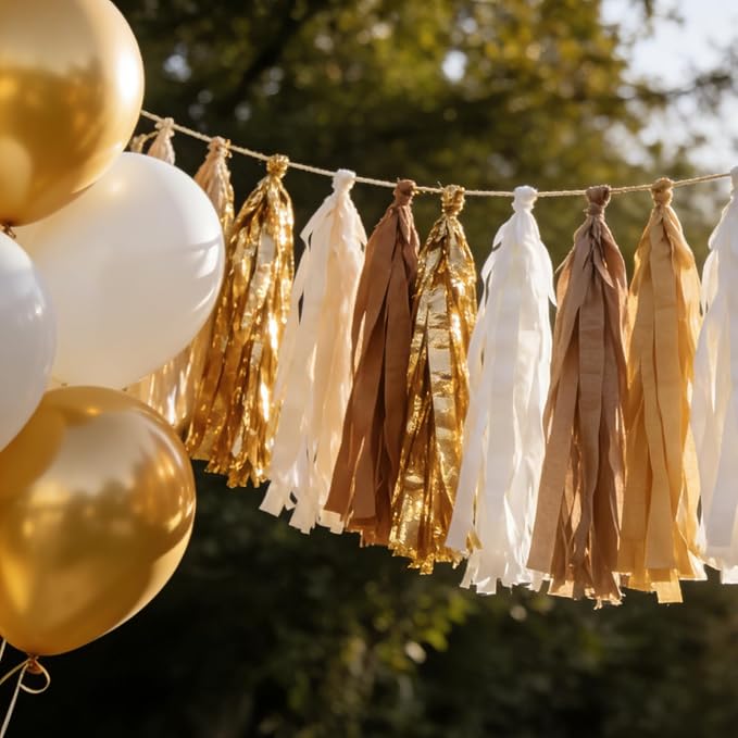 Gold and Tan Ivory Tissue Paper Tassels Party Tassel Garland Banner - Image 5