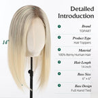 Full Hand Tied Hair Toppers for Women Remy Human Hair Lace Front Topper 14 Inch 6"×6" Partial wig Cover Thinning Hair or Loss No Bangs Top Hair Pieces (Ombre Blonde)