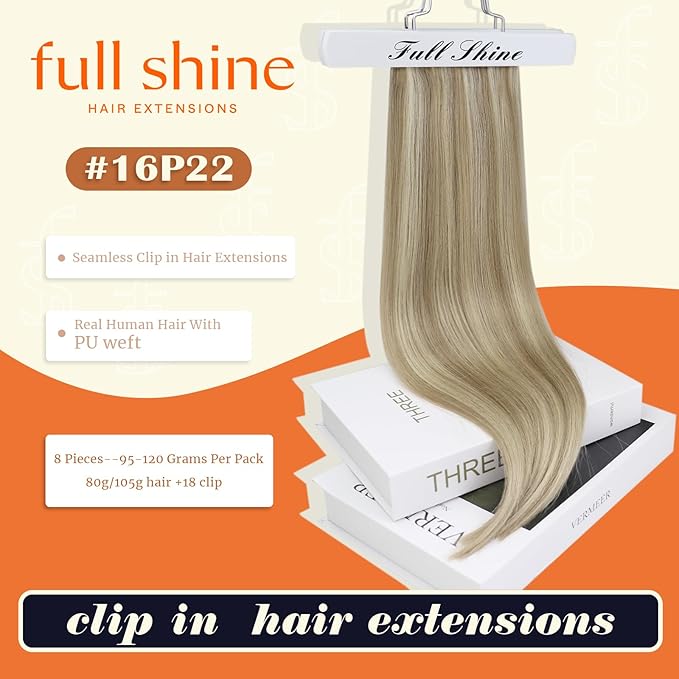 Full Shine Human Hair Clip in Extensions Balayage Seamless Hair Extensions Clip ins Golden Blonde Mix Light Blonde Real Hair Extensions for Women 18 Inch 8 PCS 120 G