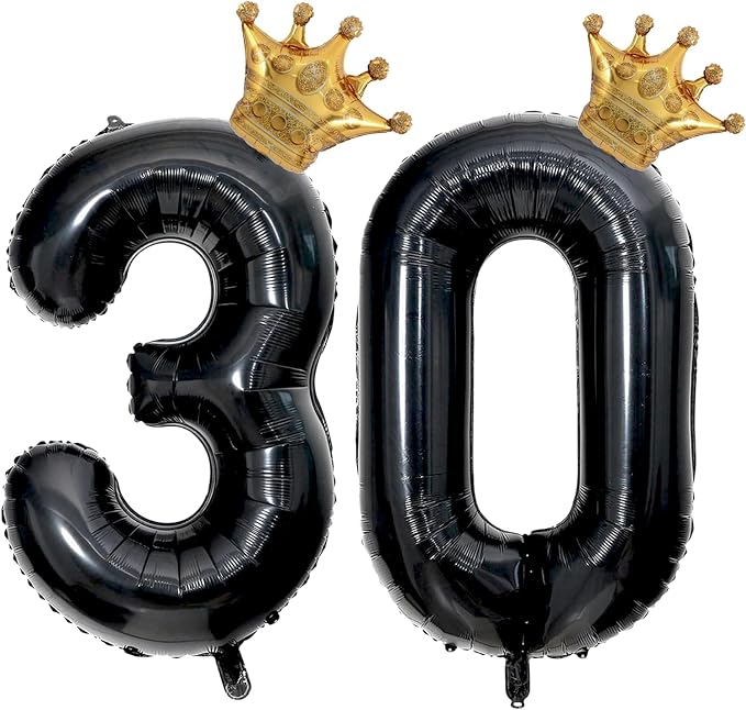 Black 30 Balloon Number with Gold Crown Balloons 40 inch 30 Birthday Balloon by Unknown