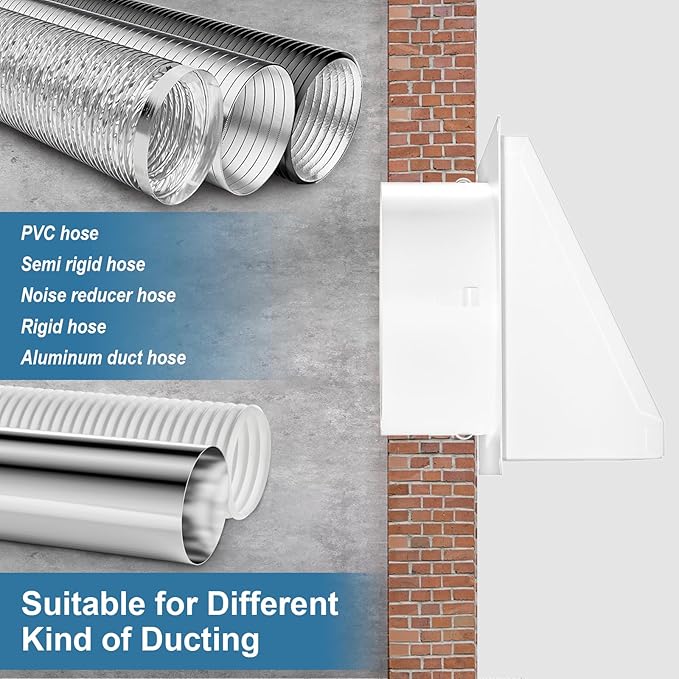 Hon&Guan Dryer Vent Cover Outside with Removable Mesh, Wall Mount Extractor Vent with Rubber Cushioned Non-Return Flap, Metal Outside Dryer Vent Cover for House (White, 4 Inch)