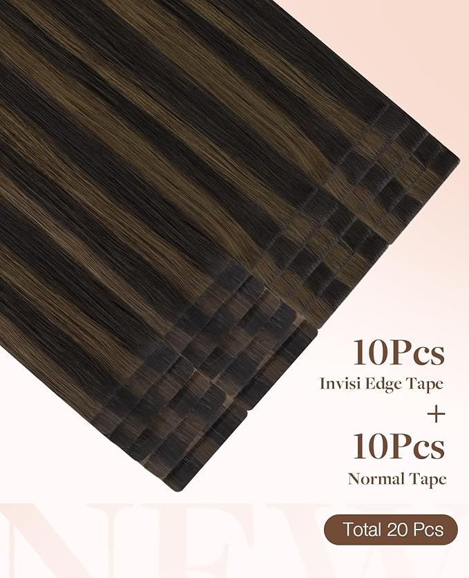 GOO GOO Invisi Edge Tape in Hair Extensions Human Hair, 2/6 Dark Brown Highlighted Chestnut Brown 10pcs injected with 10pcs classical tape ins, 16inch 50g, Virgin Remy Hair, Natural Look