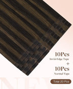 GOO GOO Invisi Edge Tape in Hair Extensions Human Hair, 2/6 Dark Brown Highlighted Chestnut Brown 10pcs injected with 10pcs classical tape ins, 22inch 50g, Virgin Remy Hair, Natural Look