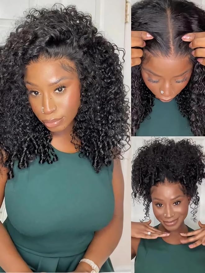 Julia Hair 7x5 Lace Water Curly Texture Wig With Finger Coil Ends Glueless Wigs Human Hair Put On and Go Invisible Lace Pre Plucked Pre Cut Bleached Knots Natural Hairline 18 Inch