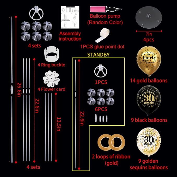 TONIFUL 4 Set Black Gold 30 Printed Balloon Stands - Image 2