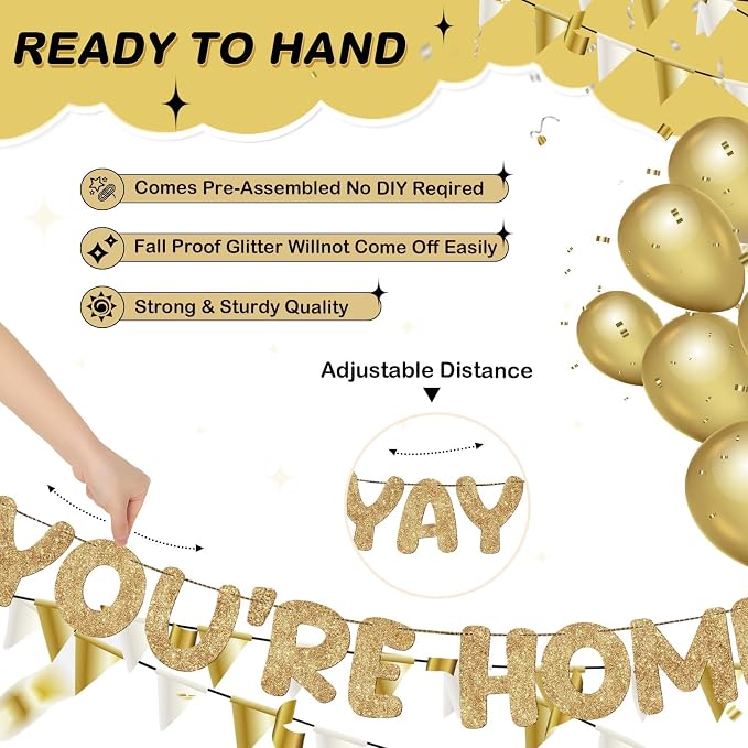 Fulmoon Pre Strung Yay You're Home Banner Glitter Welcome Home Party - Image 3