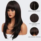 Brown Wig With Bangs Long Wavy Straight Wig with Layered Hair Synthetic Heat Resistant Wigs for Women Daily Party Use 26 Inches