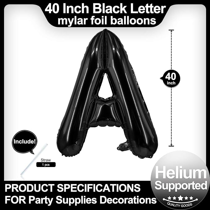 40 Inch Black Letter A Balloons, DIY Phrase Foil Alphabet Letter A Balloons DIY - Image 2