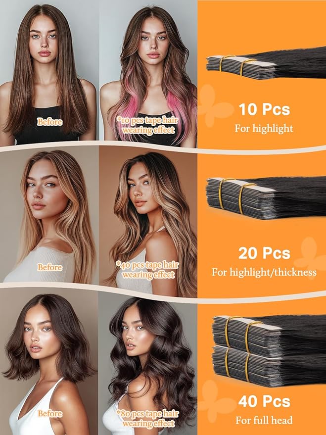 DOORES Human Hair Extensions, Jet Black 20 Inch 50g 20pcs, Tape in Hair Extensions Skin Weft Seamless Tape in Real Remy Straight Hair for Women