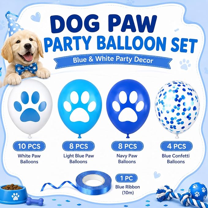 Paw Print Balloons, 12 Inch Navy Light Blue White Paw Print Confetti Dog - Image 2