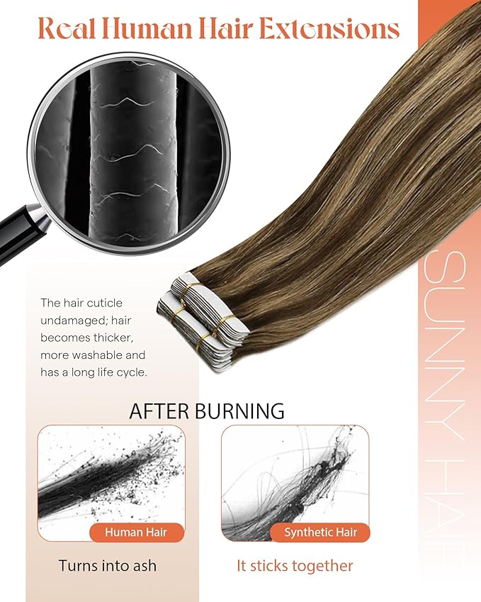 Sunny Hair Tape in Hair Extensions Human Hair 20 Inch Hair Extensions Real Human Hair Tape in Extensions for Women Medium Brown Highlights Caramel Blonde Remy Hair Straight Skin Weft 40pcs 100g
