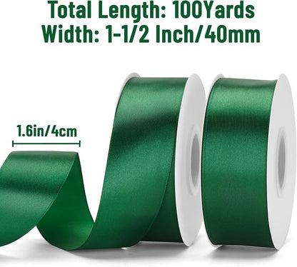 KINGLAKE Forest Green Satin Ribbon – 1-1/2 Inch x 2 Rolls Emerald Green Ribbon - Image 2