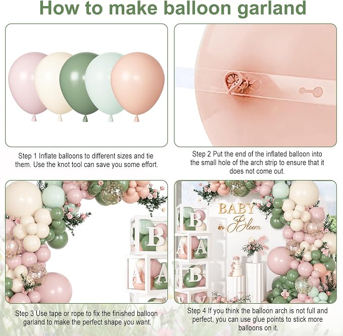 153Pcs Pink and Sage Green Balloon Baby Shower Decorations - Image 3