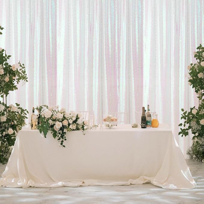 Sugargirl White Iridescent Sequin Backdrop Curtain 8FTx8FT Glitter White - Image 7