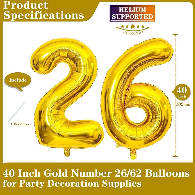 Gold 26 Number Balloons, 40 Inch Giant Number 26 Balloons Foil Mylar Helium - Image 2