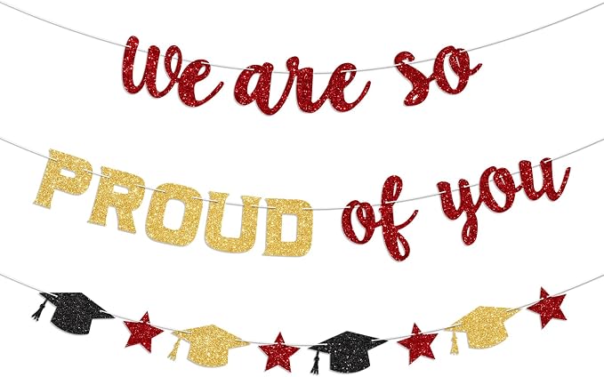 We Are So Proud of You Banner Prestrung Red and Gold Graduation Banner by Blopee