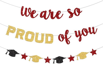 We Are So Proud of You Banner Prestrung Red and Gold Graduation Banner by Blopee