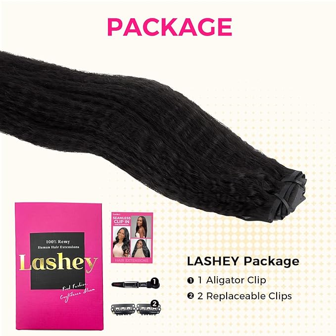 Lashey Seamless Clip in Hair Extensions Human Hair #1 Jet Black Kinky Straight Clip in Hair Extensions Real Human Hair 7pcs 110g 24 Inch PU Weft Natural Hair Extension for Women