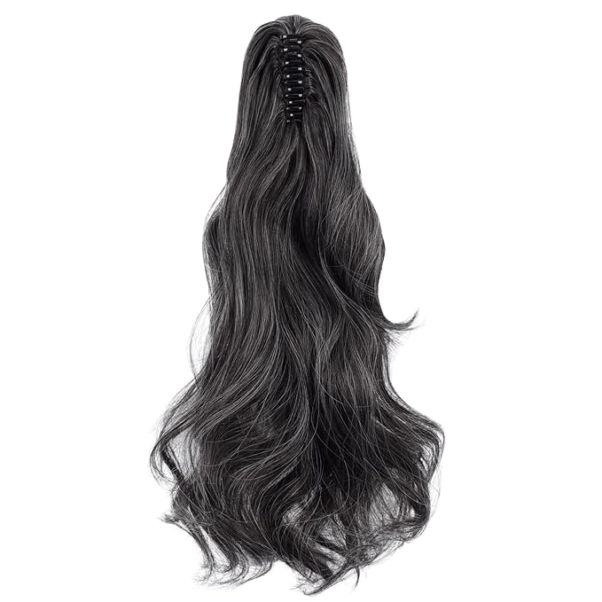 Claw Clip Ponytail Extension 18" Clip in Wavy Ponytail Hair Extensions Long Pony Tails for Women Extensions Dark Brown mix White Wave Hairpiece