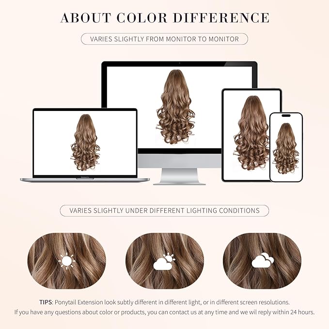 24 Inch Ponytail Extension, Layered Ponytail Extensions for Women, Soft Wavy Claw Clip in Ponytail Extension, Natural Synthetic Hair Pieces for Women (Color: Light Brown With Dark Blonde Highlights)