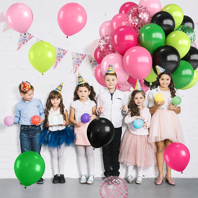 Pink Green and Black Balloons, 12 Inch Hot Light Pink Dark Green Black - Image 5