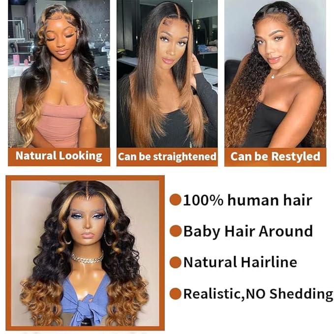 200% Density 13x6 Lace Front Wigs Human Hair Pre Plucked Body Wave HD Transparent Ombre Lace Front Wigs Glueless Wigs Human Hair 13x6 Balayage Wigs Human Hair Wig For Women 18inch