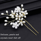 Elegant Pearl Wedding Hair Pins, Bendable Floral Crystal Hair Accessories for Bridal Women, Pack of 3 (Gold)