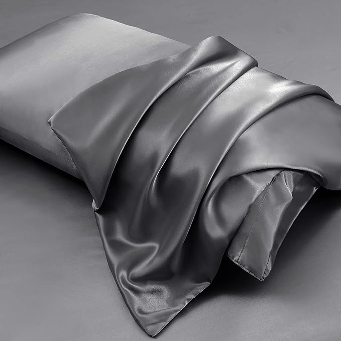 Aormenzy Dark Grey Satin Pillowcase for Hair and Skin, Satin Pillow Cases for Women Standard Size Set of 2 with Envelope Closure Silky Pillow Covers Wrinkle, Fade Resistant (20x26 Inches)