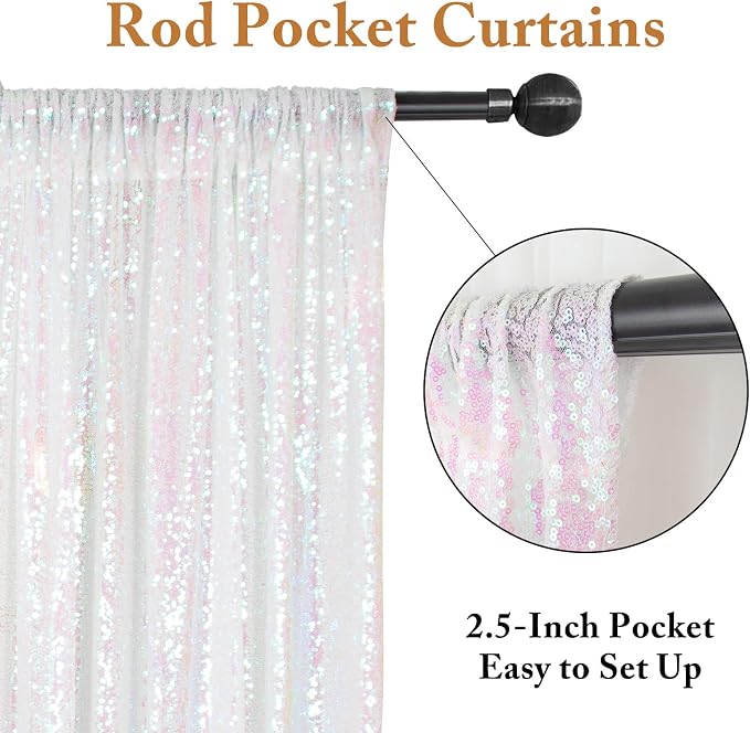 ShinyBeauty Iridescent White Backdrop Curtains 7FTx7FT 2 Panels Sequin Curtains - Image 3